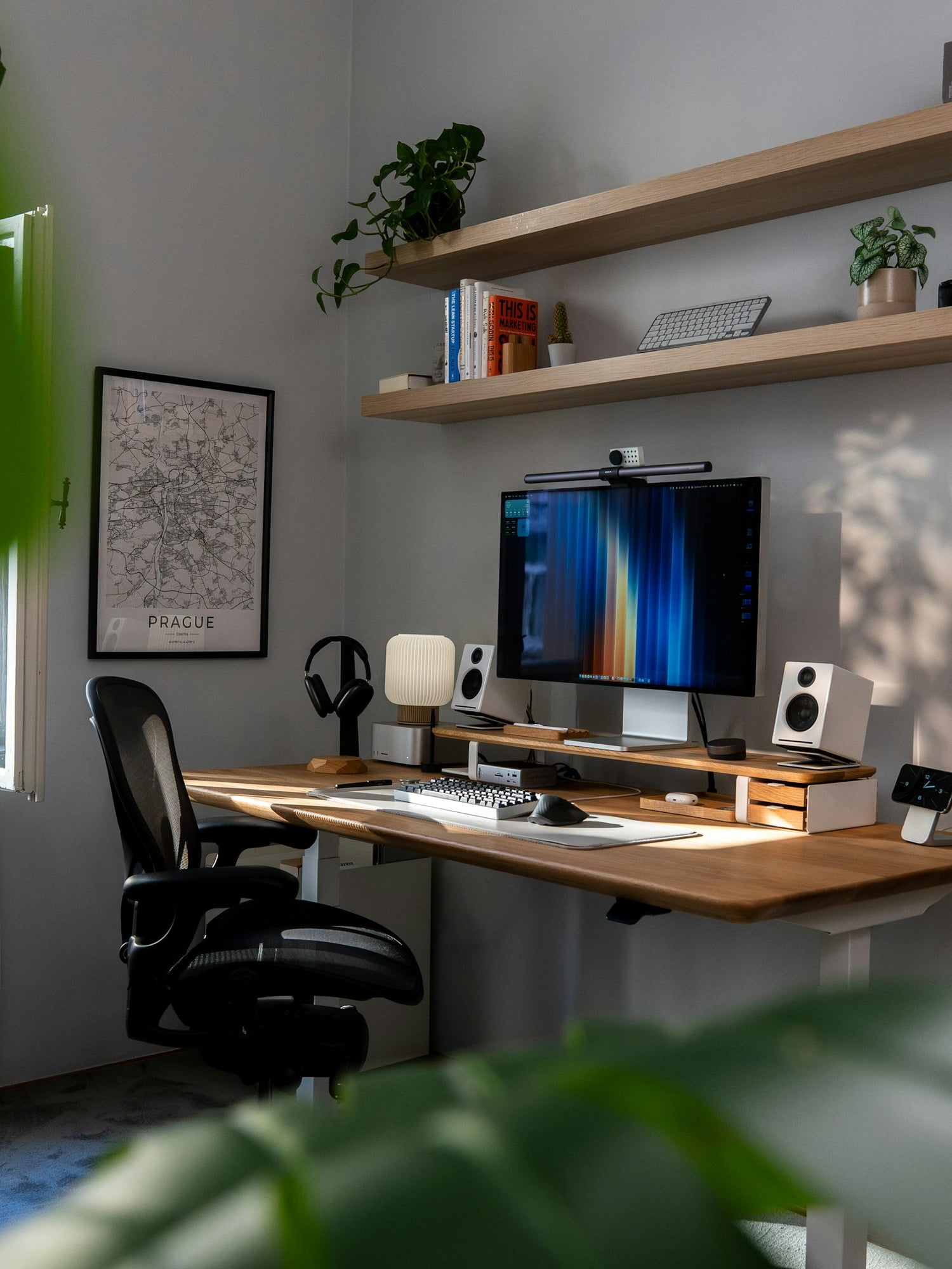 Espacio de estudio minimalista con plantas y luz natural, evocando crear tu espacio de estudio